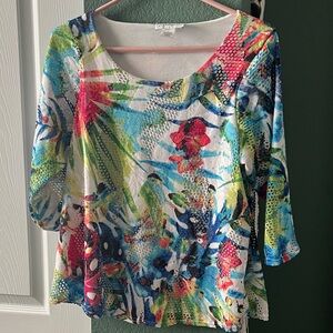 Peck & Peck Multicolor Floral Scoop Neck Mesh Top